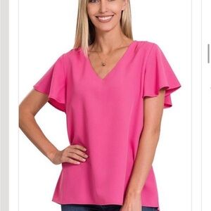 Zenana Outfitters Pink Flutter Sleeve Blouse